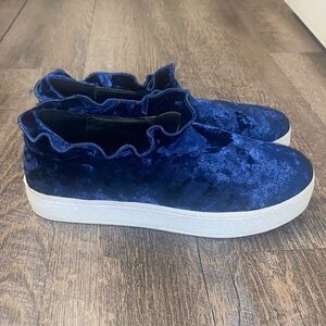 Opening Ceremony Women's Cici Blue Velvet Ruffle Slip On Sneaker Size 38 US 7